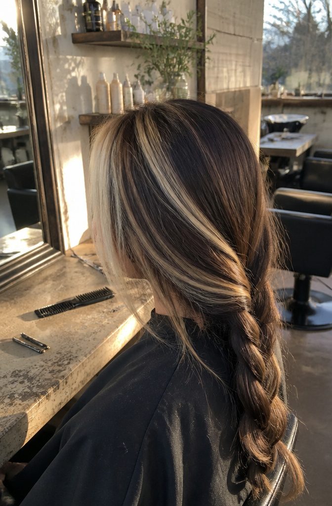Hair with bright front sections and darker chunky panels through the lengths