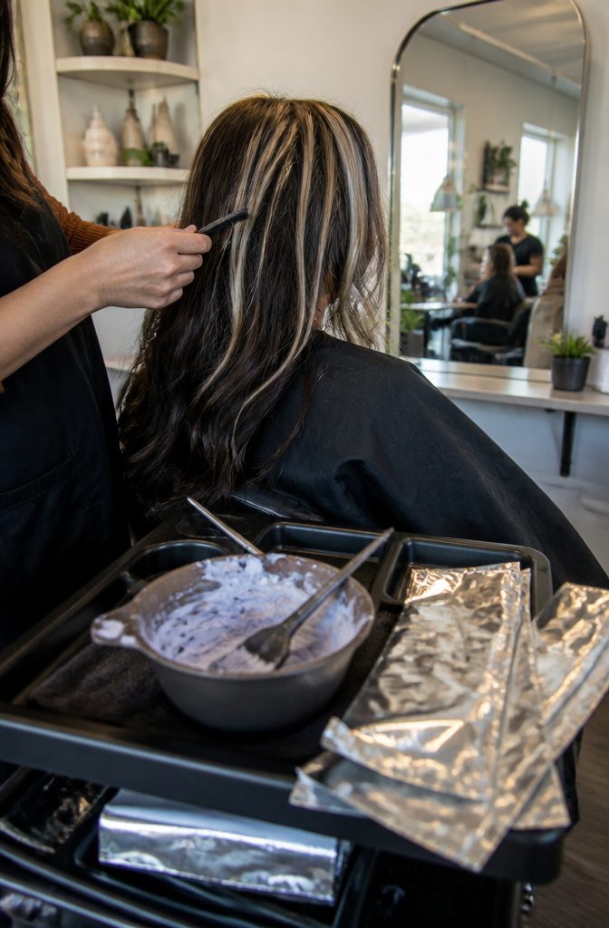 Salon mirror showing side and back hair with comb beside highlight section